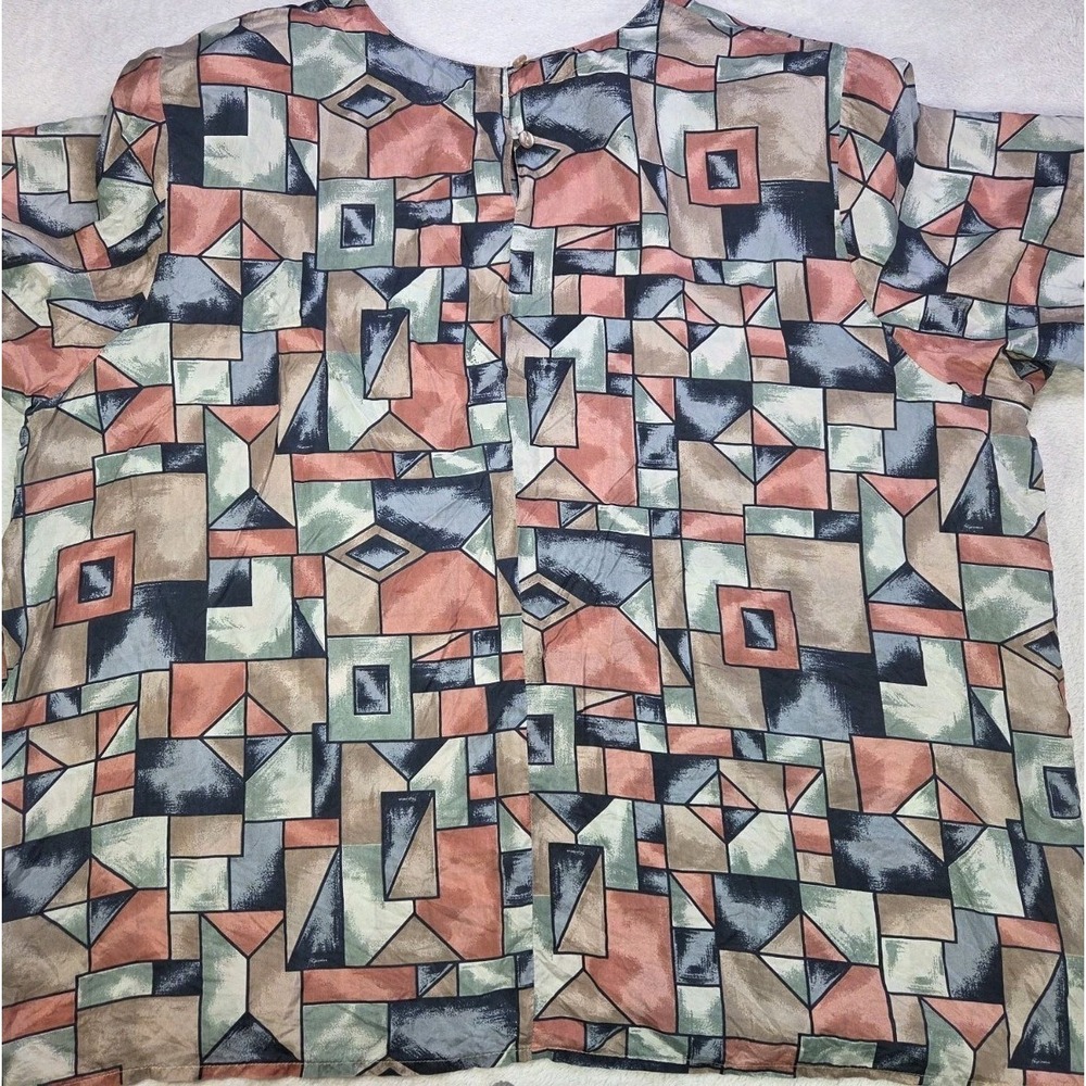Vintage 90s Silk Blouse 2X Abstract Geometric Print Short Sleeve Button Back Top - Picture 4 of 8
